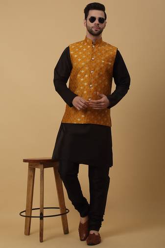 Men's black kurta and churidar with jacquard ethnic nehru jacket