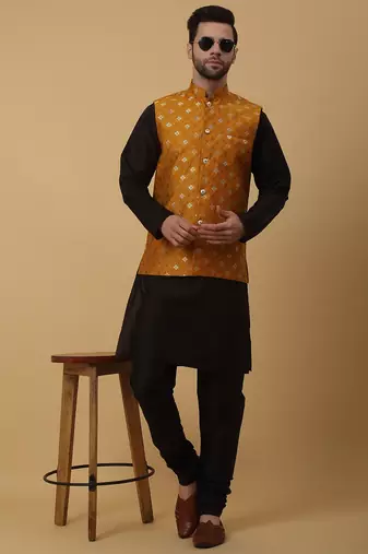 Men's black kurta and churidar with jacquard ethnic nehru jacket