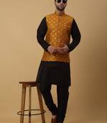 Men's black kurta and churidar with jacquard ethnic nehru jacket