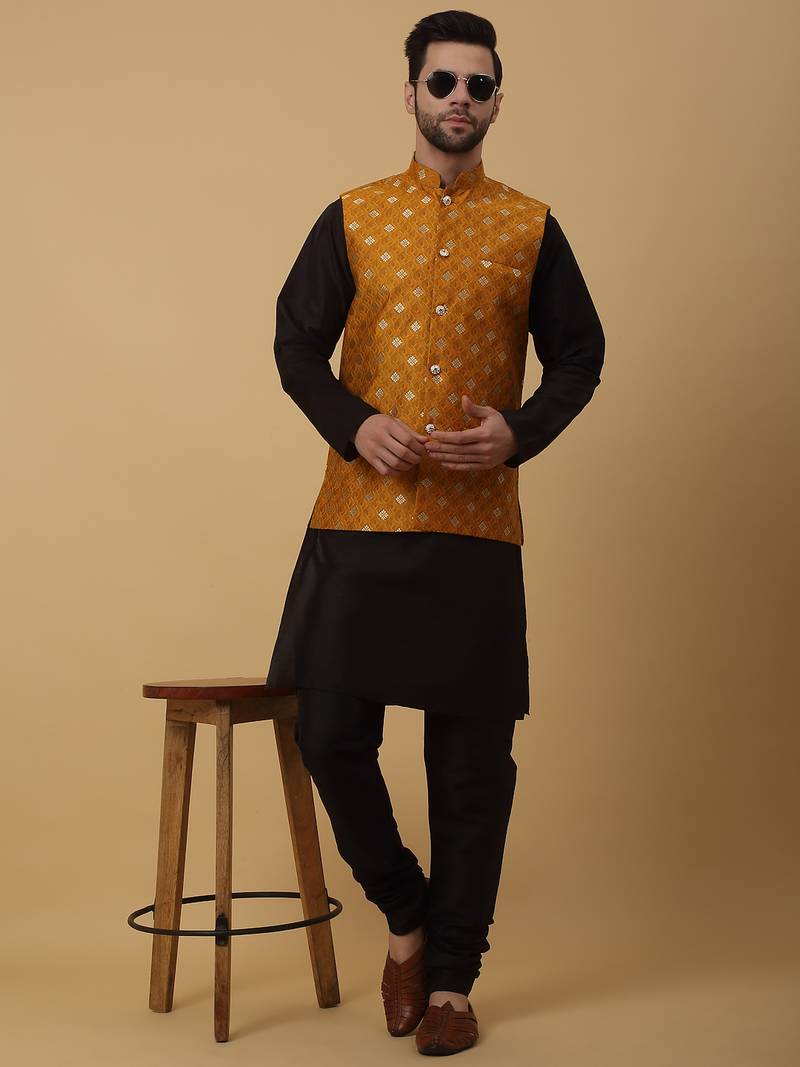 Men's black kurta and churidar with jacquard ethnic nehru jacket
