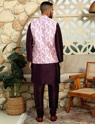 Silk blend solid purple kurta and churidar with tie-dye wine nehru jacket 4