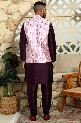 Silk blend solid purple kurta and churidar with tie-dye wine nehru jacket