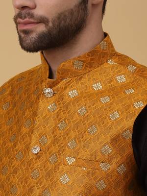 Men's black kurta and churidar with jacquard ethnic nehru jacket 2