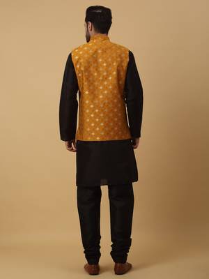 Men's black kurta and churidar with jacquard ethnic nehru jacket 3