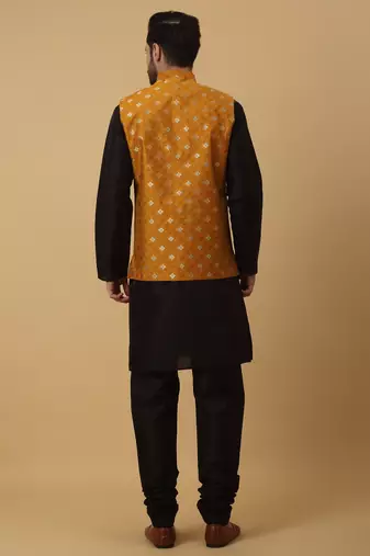 Men's black kurta and churidar with jacquard ethnic nehru jacket