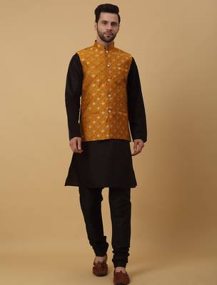 Men's black kurta and churidar with jacquard ethnic nehru jacket 4