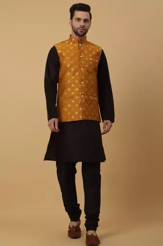 Men's black kurta and churidar with jacquard ethnic nehru jacket
