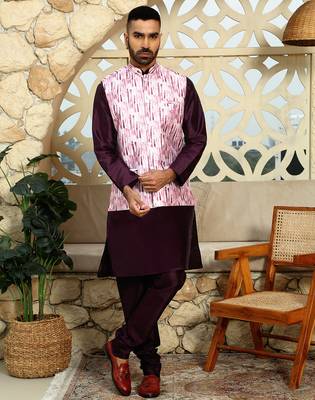 Silk blend solid purple kurta and churidar with tie-dye wine nehru jacket 5