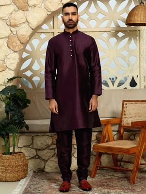 Silk blend solid purple kurta and churidar with tie-dye wine nehru jacket 6