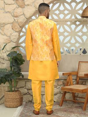 Silk blend solid yellow kurta and churidar with tie-dye yellow nehru jacket 3