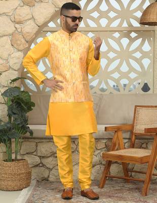 Silk blend solid yellow kurta and churidar with tie-dye yellow nehru jacket 4