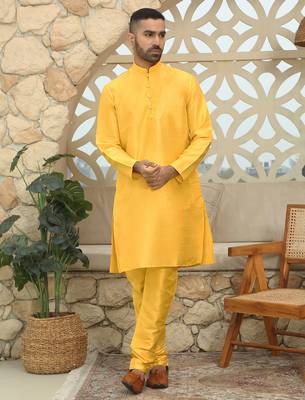 Silk blend solid yellow kurta and churidar with tie-dye yellow nehru jacket 5