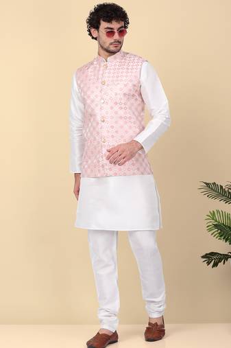 Men silk blend cream kurta and churidar with embroidered peach nehru jacket