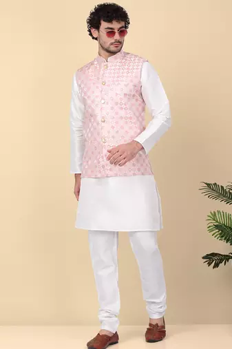 Men silk blend cream kurta and churidar with embroidered peach nehru jacket