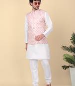 Men silk blend cream kurta and churidar with embroidered peach nehru jacket
