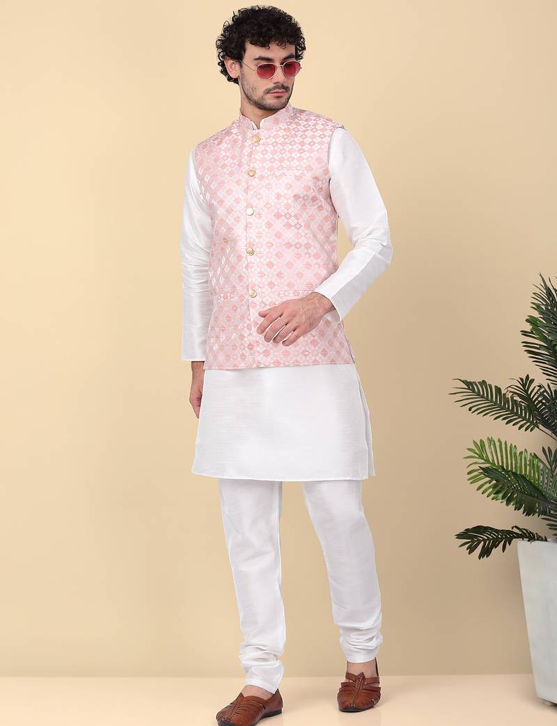Men silk blend cream kurta and churidar with embroidered peach nehru jacket