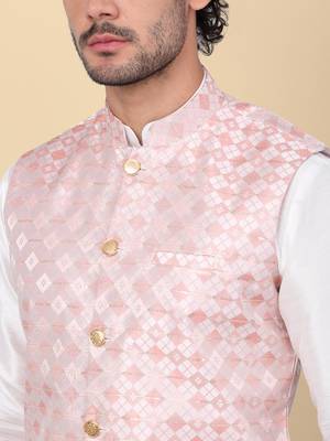 Men silk blend cream kurta and churidar with embroidered peach nehru jacket 2