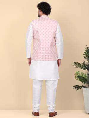 Men silk blend cream kurta and churidar with embroidered peach nehru jacket 3