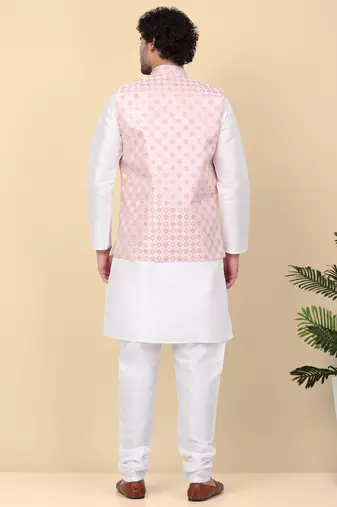 Men silk blend cream kurta and churidar with embroidered peach nehru jacket