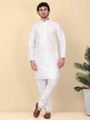 Men silk blend cream kurta and churidar with embroidered peach nehru jacket 5