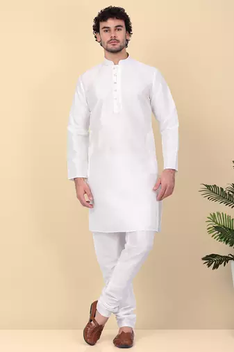 Men silk blend cream kurta and churidar with embroidered peach nehru jacket