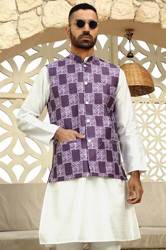 Silk blend solid cream kurta and churidar with purple printed nehru jacket