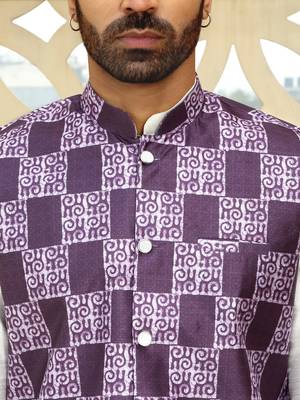 Silk blend solid cream kurta and churidar with purple printed nehru jacket 3