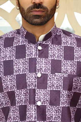 Silk blend solid cream kurta and churidar with purple printed nehru jacket