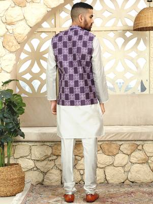 Silk blend solid cream kurta and churidar with purple printed nehru jacket 4