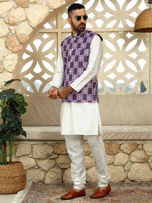 Silk blend solid cream kurta and churidar with purple printed nehru jacket 5