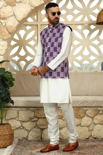 Silk blend solid cream kurta and churidar with purple printed nehru jacket