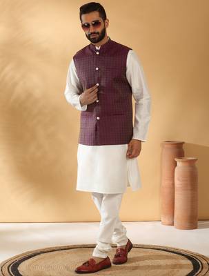 Silk blend cream kurta and churidar with jacquard geometric purple nehru jacket 1