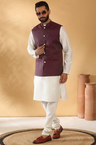 Silk blend cream kurta and churidar with jacquard geometric purple nehru jacket