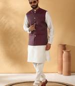 Silk blend cream kurta and churidar with jacquard geometric purple nehru jacket