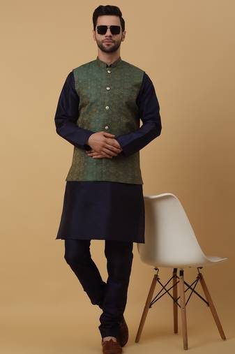 Men's navy blue kurta and churidar with jacquard ethnic motifs printed nehru jacket