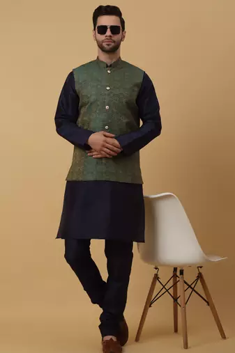 Men's navy blue kurta and churidar with jacquard ethnic motifs printed nehru jacket