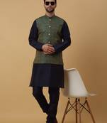 Men's navy blue kurta and churidar with jacquard ethnic motifs printed nehru jacket