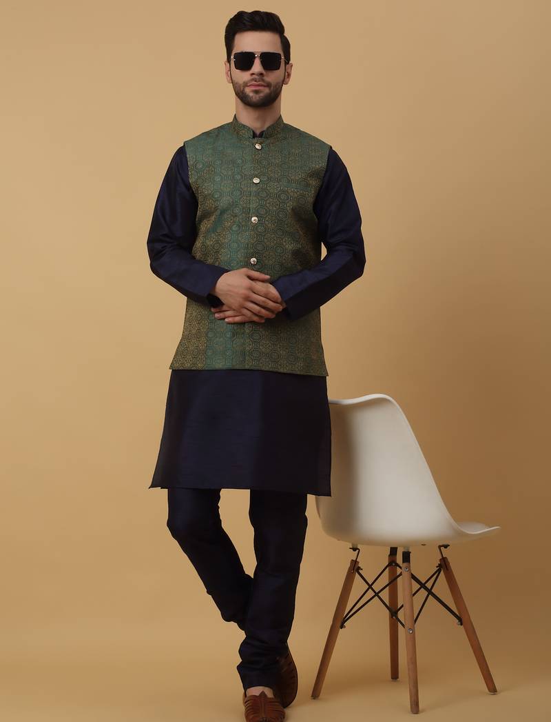 Men's navy blue kurta and churidar with jacquard ethnic motifs printed nehru jacket