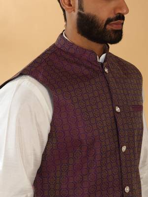 Silk blend cream kurta and churidar with jacquard geometric purple nehru jacket 2