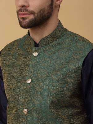 Men's navy blue kurta and churidar with jacquard ethnic motifs printed nehru jacket 2