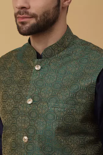 Men's navy blue kurta and churidar with jacquard ethnic motifs printed nehru jacket