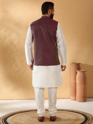 Silk blend cream kurta and churidar with jacquard geometric purple nehru jacket 3