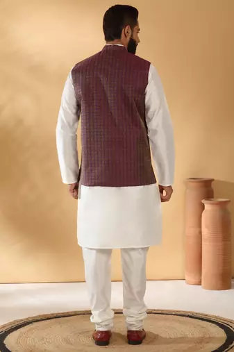 Silk blend cream kurta and churidar with jacquard geometric purple nehru jacket
