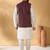 Silk blend cream kurta and churidar with jacquard geometric purple nehru jacket