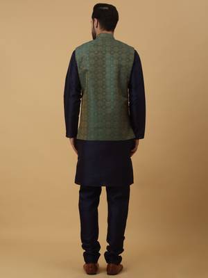 Men's navy blue kurta and churidar with jacquard ethnic motifs printed nehru jacket 3