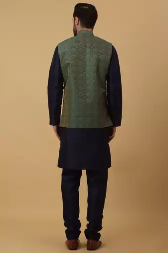 Men's navy blue kurta and churidar with jacquard ethnic motifs printed nehru jacket