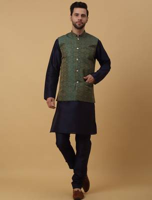 Men's navy blue kurta and churidar with jacquard ethnic motifs printed nehru jacket 4
