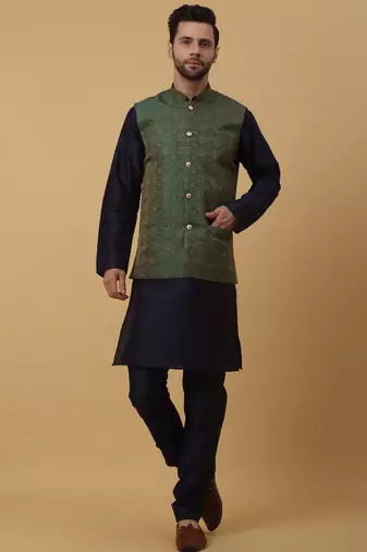 Men's navy blue kurta and churidar with jacquard ethnic motifs printed nehru jacket