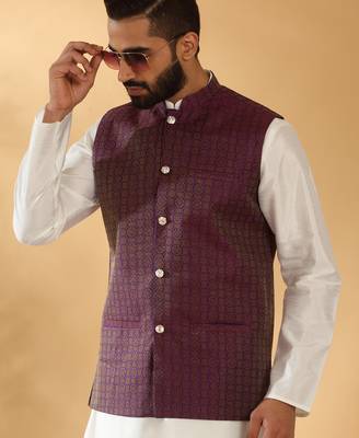 Silk blend cream kurta and churidar with jacquard geometric purple nehru jacket 4