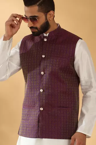 Silk blend cream kurta and churidar with jacquard geometric purple nehru jacket